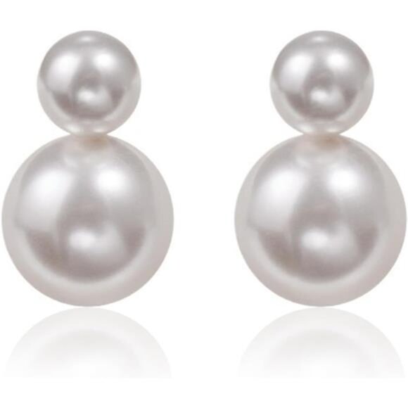 Gold-Plated Double Pearl Drop Earrings โ Timeless White Pearls, Lightweight - Picture 1 of 7